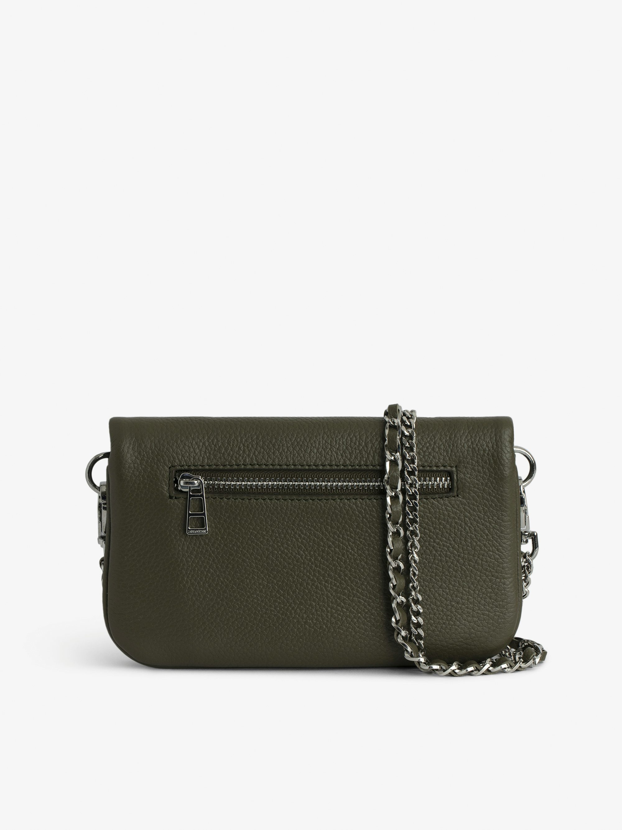 Rock Nano Clutch - Small khaki grain leather clutch with double chain and rhinestone wings.